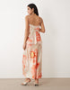 bias cut double layer lace appliqué satin cami maxi dress in orange oversized floral print