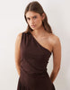 ruched one shoulder dropped waist maxi dress in chocolate