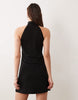 tie detail stand collar sleeveless crepe mini dress in black