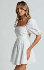 Claudina Mini Dress - Linen Look Puff Sleeve Ruched Bodice Dress in White
