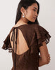 Pretty Lavish devore frill sleeve maxi dress in brown
