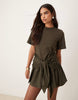 tie front t-shirt mini dress with poplin skirt in deep olive