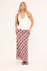 Luck & Trouble Linear Check Maxi Skirt Burgundy Print