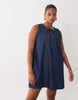 Curve denim ruched keyhole mini dress in dark mid blue