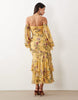 bardot ruffle maxi dress with tiered godets and blouson sleeves in yellow floral