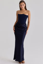 navy satin + crepe strapless corset maxi dress