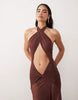 Oh Polly cross over halterneck cut out detail mesh skirt maxi dress in chocolate