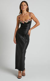 Harmony Maxi Dress - Floral Detail Cup Bust Satin Dress in Black