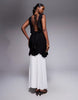 Kaiia exclusive slinky high neck ruffle detailing chiffon hem open back maxi dress in black