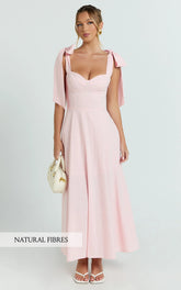 Tymia Midi Dress - Shoulder Tie Bustier Shirred Back A Line in Pink