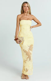 Sienna Midi Dress - Strapless Floral Embroidered Bodycon Dress in Lemon