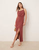 linen twist shoulder detail midi dress with ruching in apple butter