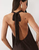 plissé halter neck mini dress with ruffle hem in chocolate