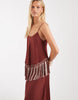 double tier layered two tone fringe satin cami maxi dress in burgundy