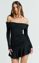 Ophelia Mini Dress - Off Shoulder Flip Skirt Jersey Ruched Dress in Black