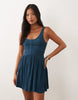 Petite crinkle button through mini dress in denim blue