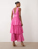 VILA tiered v neck jacquard maxi dress in pink