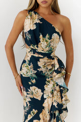 Floral One Shoulder Cutout Maxi Dress Navy