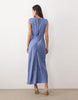 satin high neck pleated bodice midi dress in blue