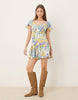 mini tea dress with godet hem in blue floral print