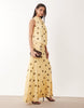 mesh blouson maxi dress with ruched dropped waist skirt in lemon polka dot print