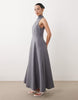 Petite high neck sleeveless linen look swing maxi dress in denim blue