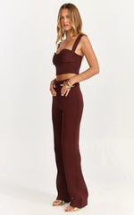 Kenna Two Piece Set - Gathered Bust Top And High Waist Straight Leg Pants Set in Chocolate