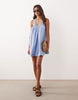 v-neck poplin mini smock sundress with lace overlay in dusky blue