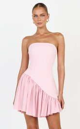 Calla Mini Dress - Strapless Gathered Asymmetric Dropped Waist Dress in Pink