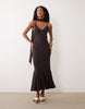 bias plunge cami dress with full godets and scarf detail in chocolate