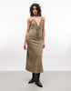 deep plunge neck cami maxi sundress with ruffle trim in washed olive