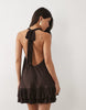 plissé halter neck mini dress with ruffle hem in chocolate