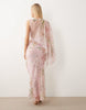 draped batwing asymmetric one-sleeve maxi dress in pink floral