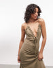 deep plunge neck cami maxi sundress with ruffle trim in washed olive