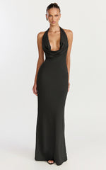 Sylvana Maxi Dress - Cowl Halter Neck Bodycon Dress in Black