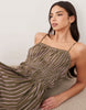 shirred cotton poplin maxi sundress with dropped waist in khaki and pink stripe