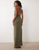 Murci halterneck plunge drape knot detail knit sequin maxi dress in khaki