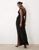 Oh Polly asymmetric one shoulder thigh high split maxi dress in black