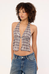 Motel Ramilo Top Sequin Vintage Check Brown