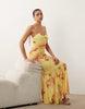 printed mesh fishtail dress with contrast bust insert in yellow floral