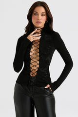 black crystallised lace up top