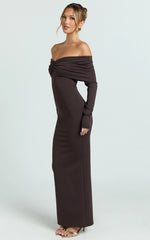 Rani Maxi Dress - Off Shoulder Long Sleeve Bodycon Dress in Chocolate