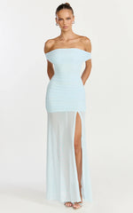 Leticia Maxi Dress - Mesh Off Shoulder Ruched High Split Dress in Blue