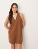 cotton linen v neck smock midi dress in warm chocolate