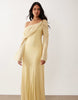 printed off the shoulder draped neck long sleeve maxi dress in lemon polka dot