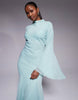 long sleeve high neck maxi dress with ruffle godets and flute sleeves in teal
