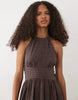 Mango cotton mix halterneck midi dress in brown gingham print