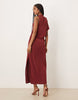 draped one sleeve slinky dress in burgundy