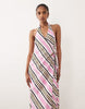 cotton linen halter neck wrap maxi sundress in pink stripes