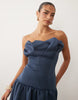 scrunched bandeau bubble hem midi dress in denim blue scuba-style fabric